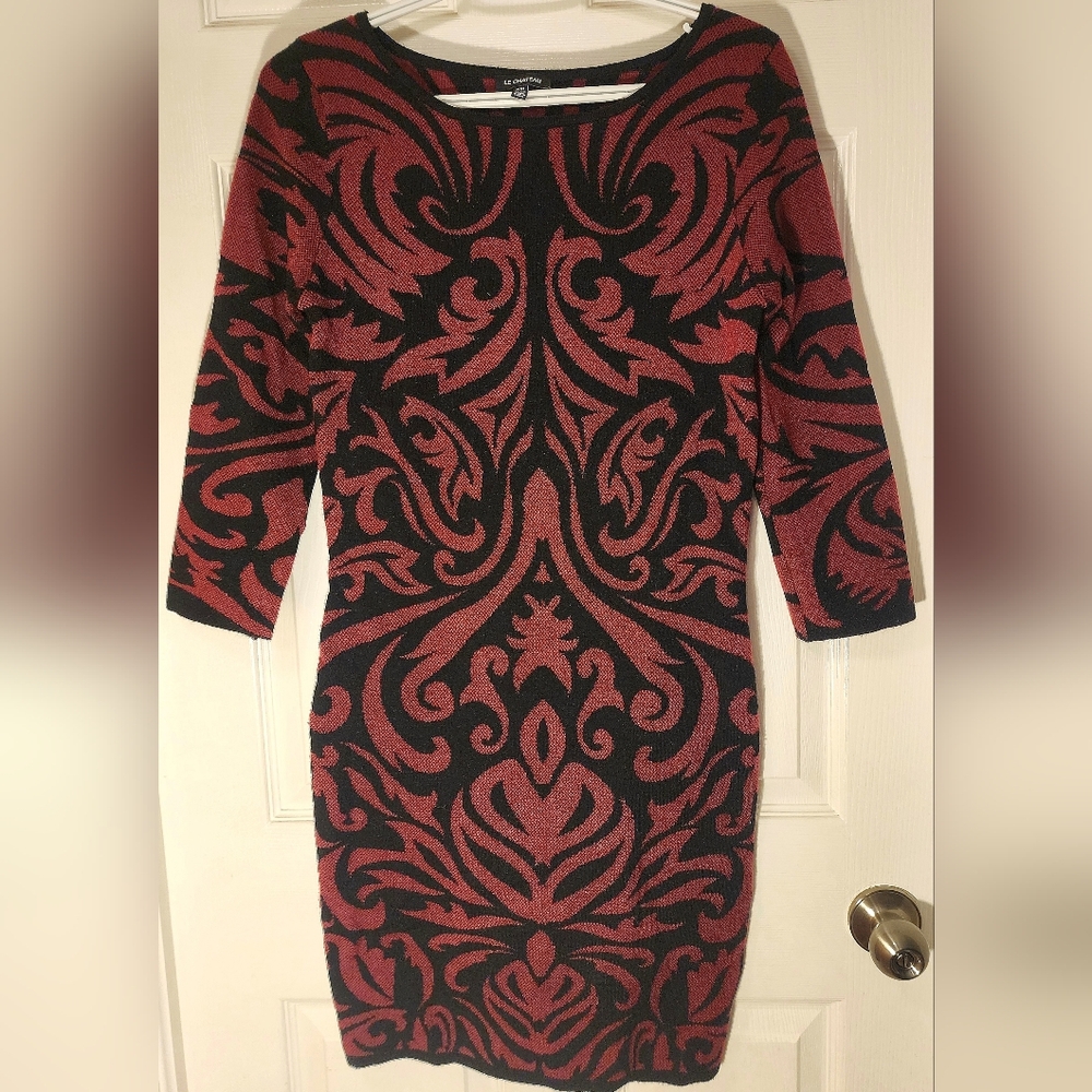 Le Chateau Red and Black Knit Patterned 3/4 Sleeve Sweater Dress, size Medium